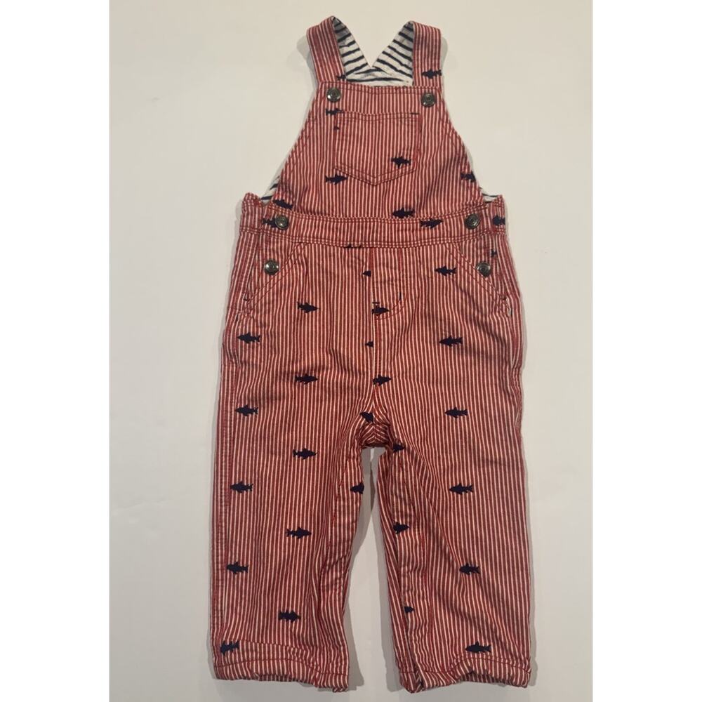 Mini Boden Fish Print Overalls 18-24M Red Stripe Nautical Toddler Cotton